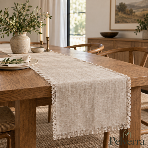 Fringed Oatmeal Linen Table Runner