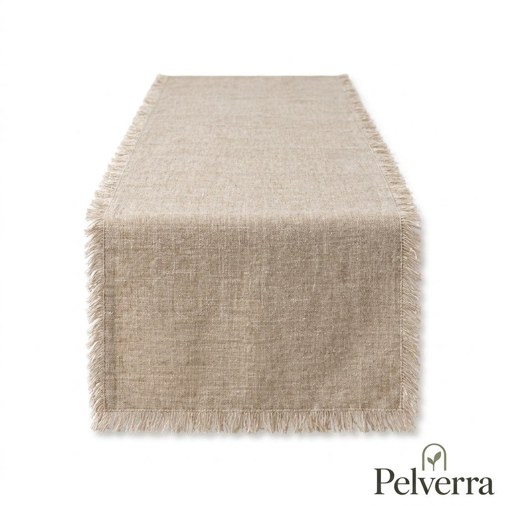 Fringed Oatmeal Linen Table Runner