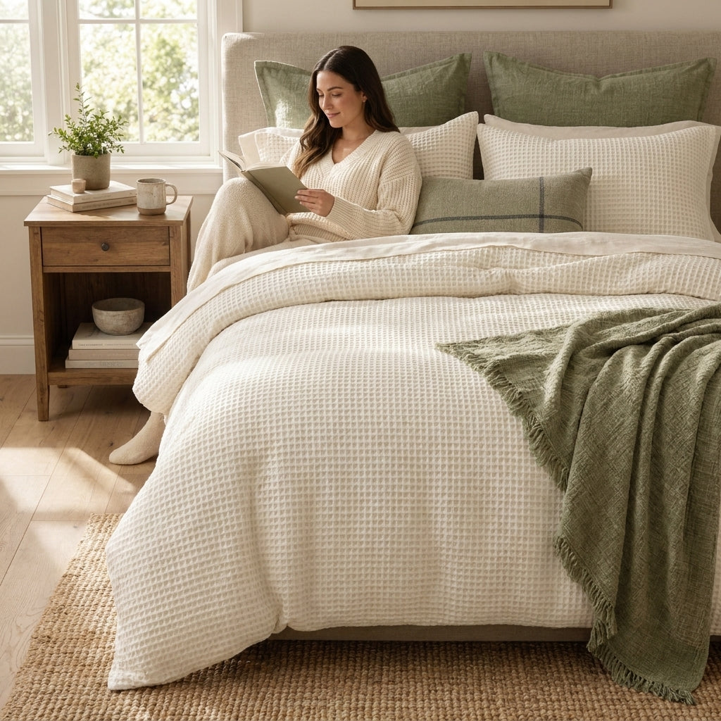 Ivory Waffle Weave Duvet Cover Set